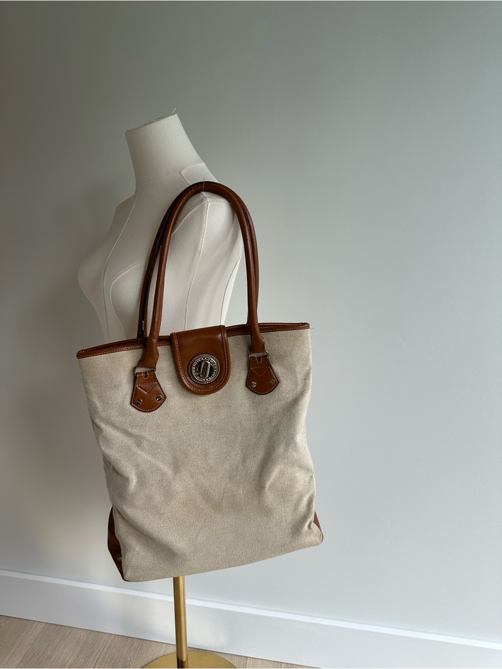 Isaac Mizrahi Beige Canvas Tote with Brown Faux Leather Trim